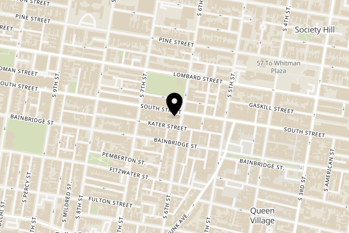 Map showing the location of Shiso Noodle and Sushi Bar on 604 South St in Philadelphia
